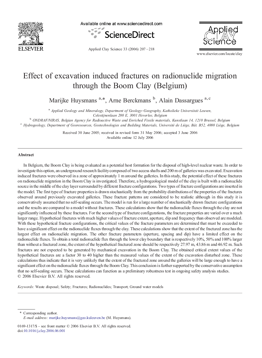 Effect of excavation induced fractures on radionuclide migration through the Boom Clay (Belgium)