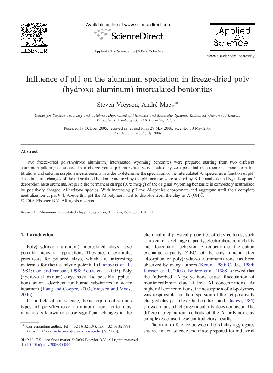 Influence of pH on the aluminum speciation in freeze-dried poly(hydroxo aluminum) intercalated bentonites