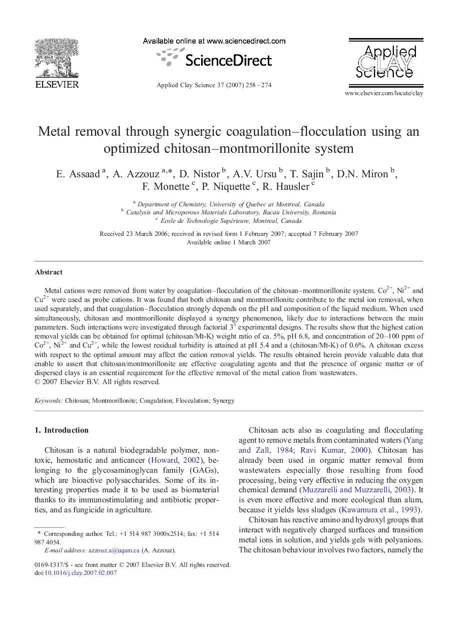 Metal removal through synergic coagulation–flocculation using an optimized chitosan–montmorillonite system