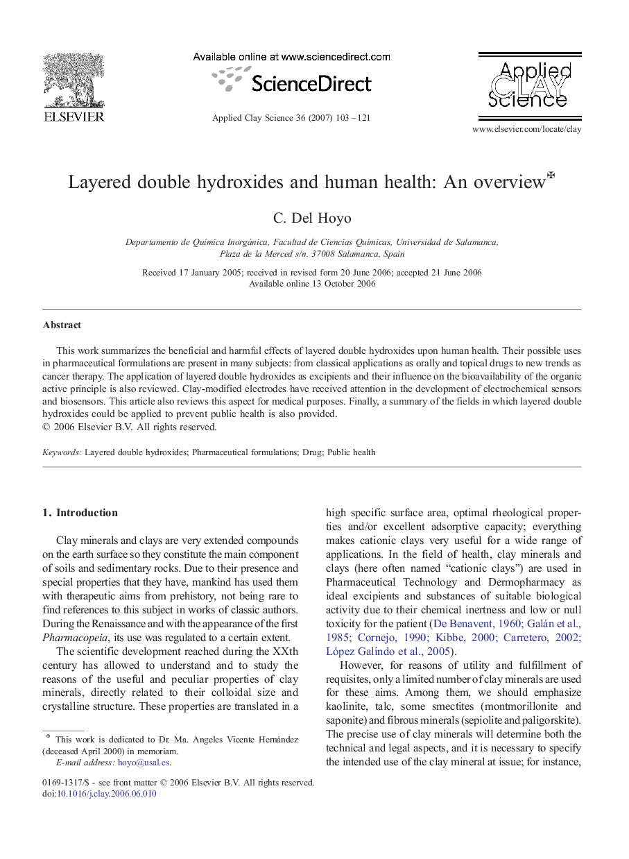 عکس صفحه اول مقاله: Layered double hydroxides and human health: An overview ✠ Layered double hydroxides and human health: An overview ✠