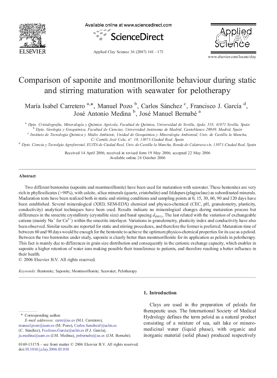 عکس صفحه اول مقاله: Comparison of saponite and montmorillonite behaviour during static and stirring maturation with seawater for pelotherapy Comparison of saponite and montmorillonite behaviour during static and stirring maturation with seawater for pelotherapy