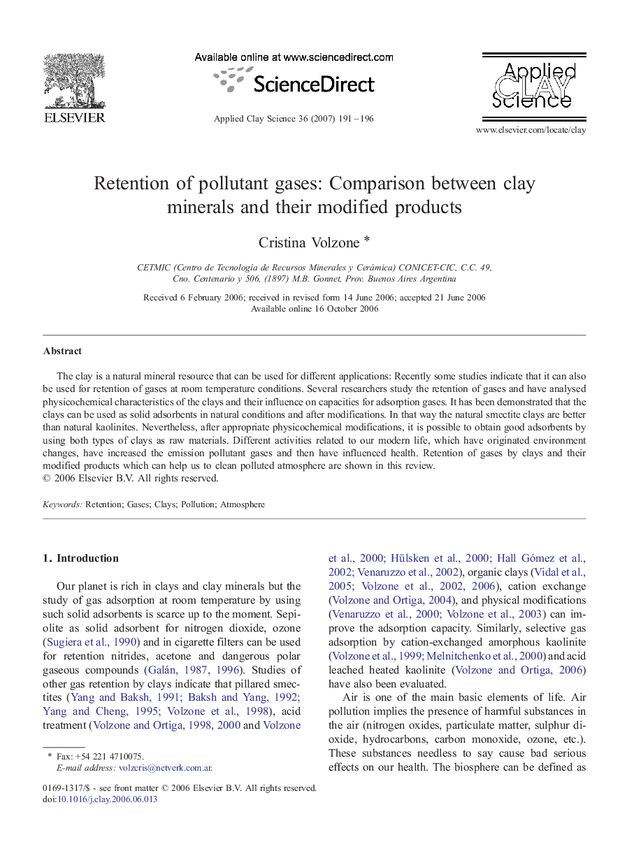 Retention of pollutant gases: Comparison between clay minerals and their modified products