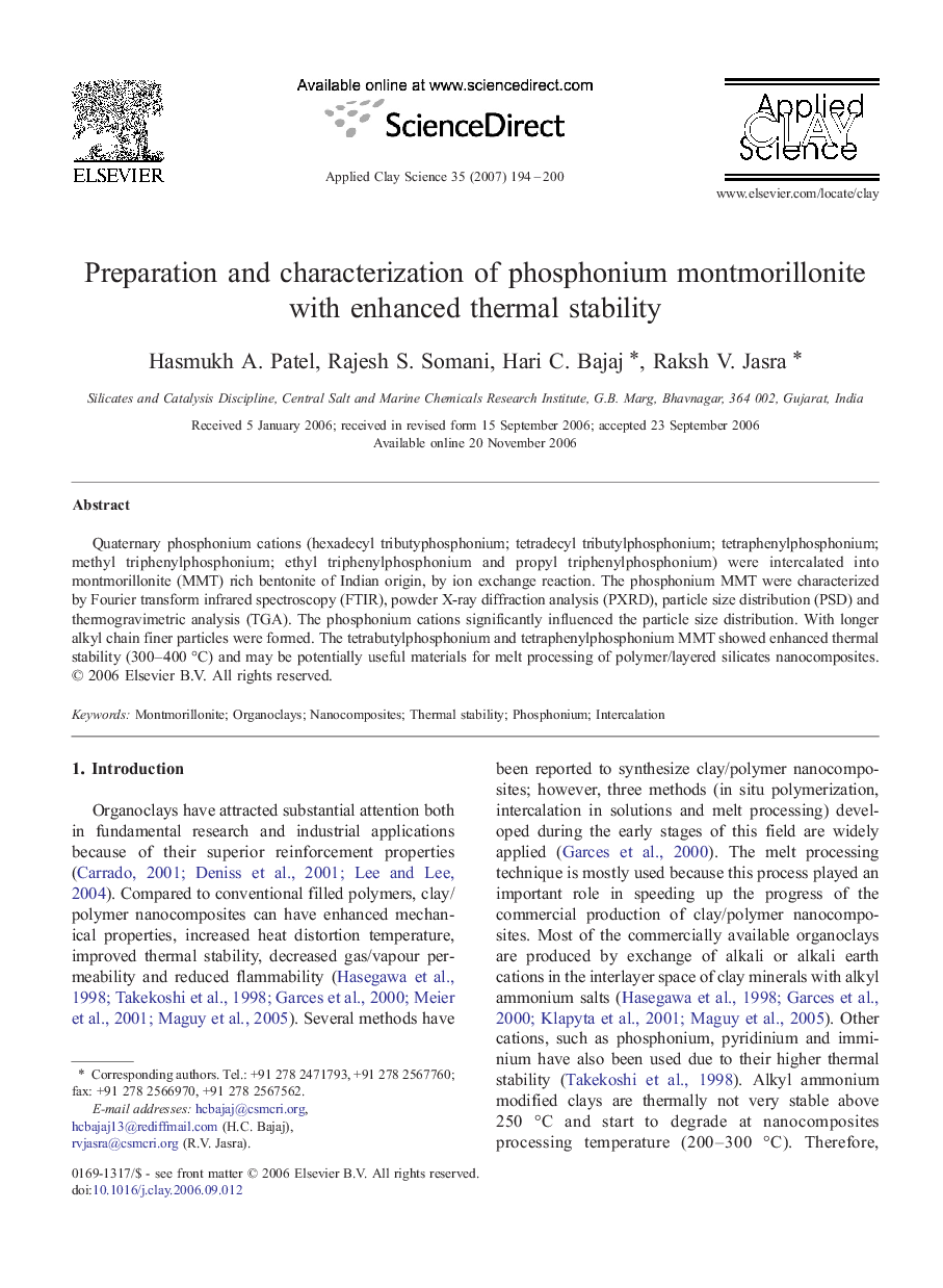 عکس صفحه اول مقاله: Preparation and characterization of phosphonium montmorillonite with enhanced thermal stability Preparation and characterization of phosphonium montmorillonite with enhanced thermal stability
