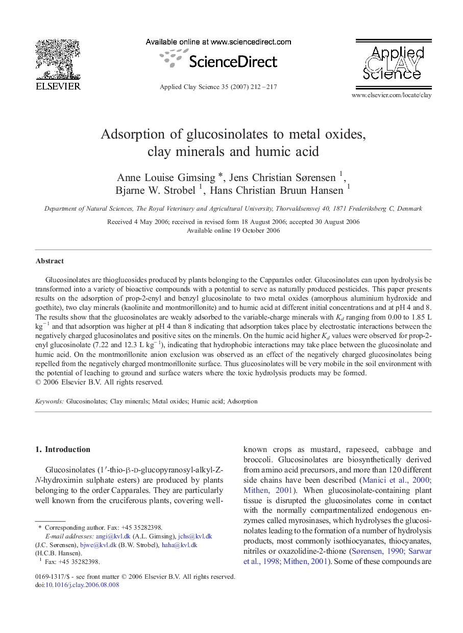 عکس صفحه اول مقاله: Adsorption of glucosinolates to metal oxides, clay minerals and humic acid Adsorption of glucosinolates to metal oxides, clay minerals and humic acid
