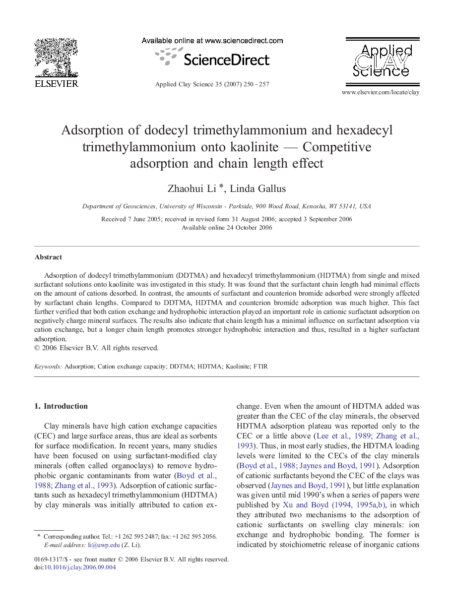 عکس صفحه اول مقاله: Adsorption of dodecyl trimethylammonium and hexadecyl trimethylammonium onto kaolinite — Competitive adsorption and chain length effect Adsorption of dodecyl trimethylammonium and hexadecyl trimethylammonium onto kaolinite — Competitive adsorption and chain length effect