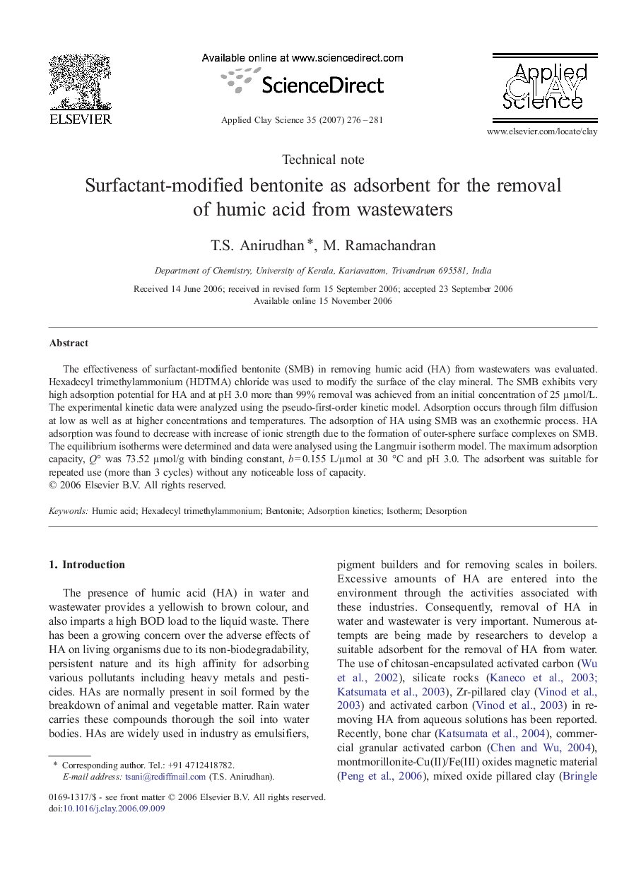 عکس صفحه اول مقاله: Surfactant-modified bentonite as adsorbent for the removal of humic acid from wastewaters Surfactant-modified bentonite as adsorbent for the removal of humic acid from wastewaters