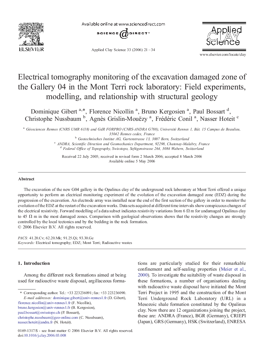 Electrical tomography monitoring of the excavation damaged zone of the Gallery 04 in the Mont Terri rock laboratory: Field experiments, modelling, and relationship with structural geology