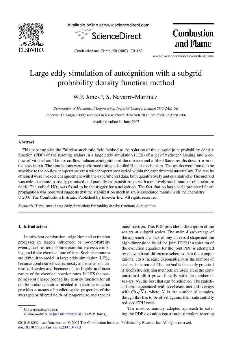 Large eddy simulation of autoignition with a subgrid probability density function method