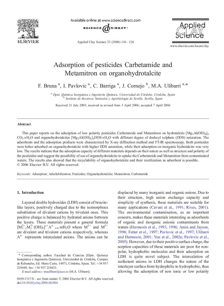 Adsorption of pesticides Carbetamide and Metamitron on organohydrotalcite