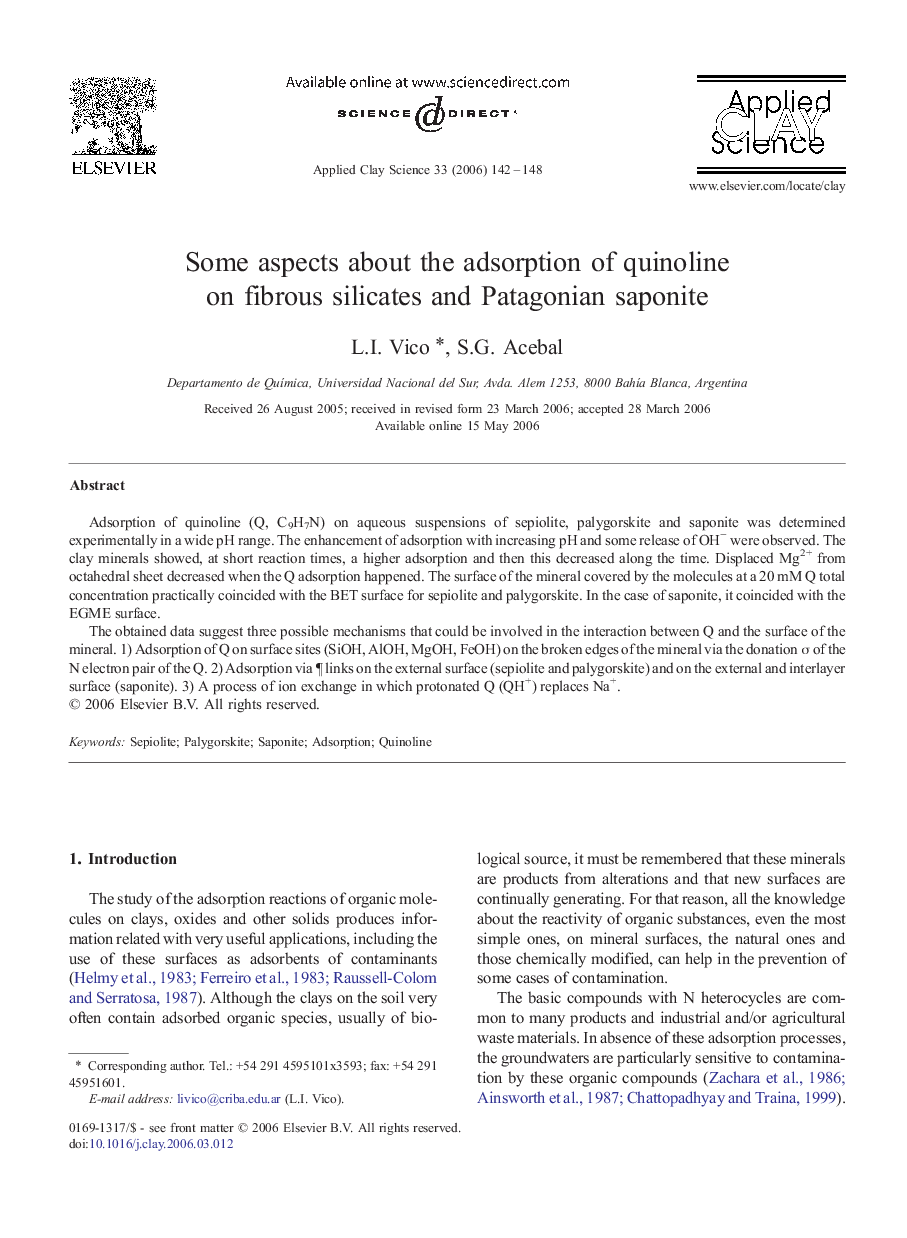 Some aspects about the adsorption of quinoline on fibrous silicates and Patagonian saponite