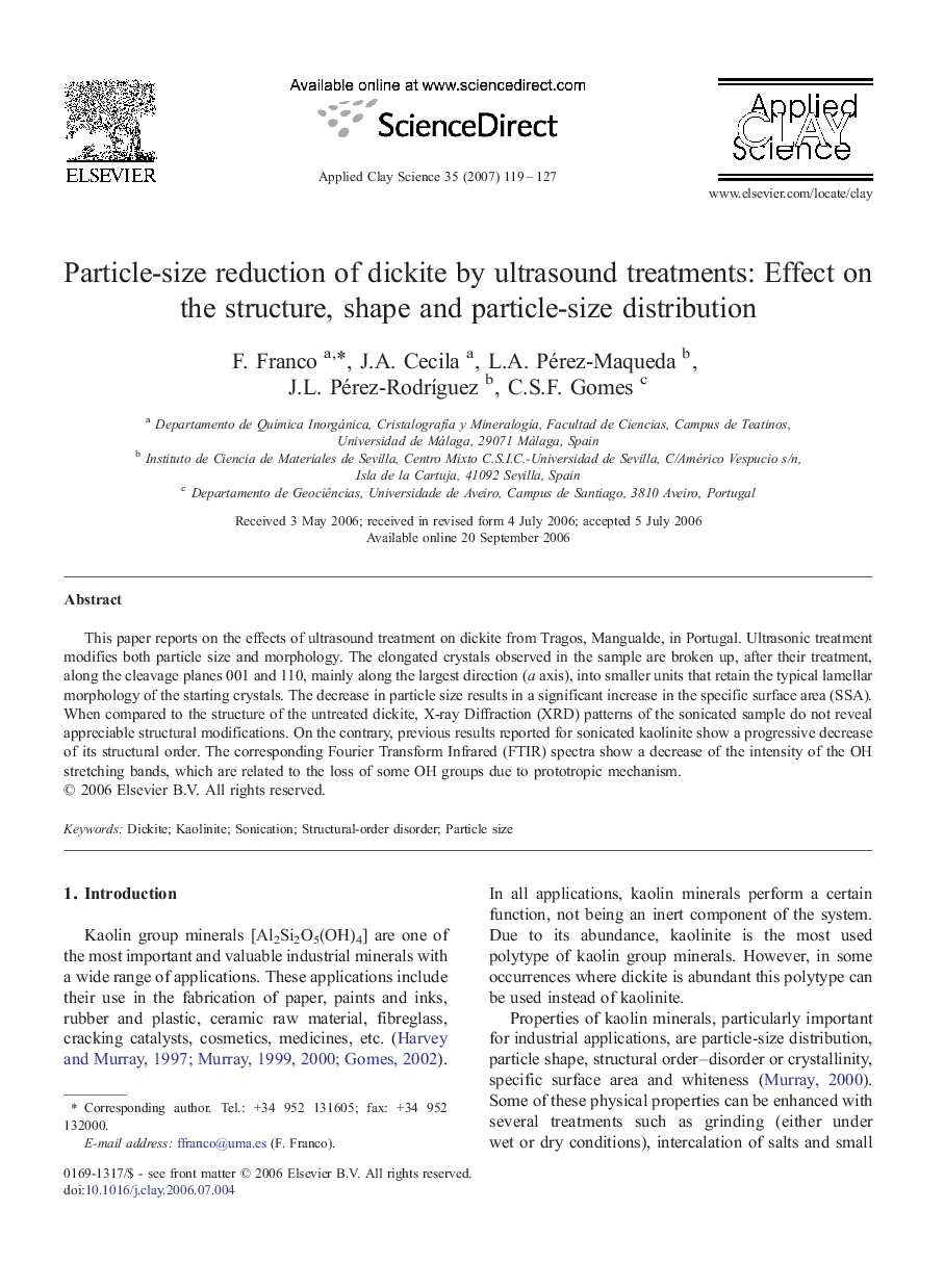 Particle-size reduction of dickite by ultrasound treatments: Effect on the structure, shape and particle-size distribution