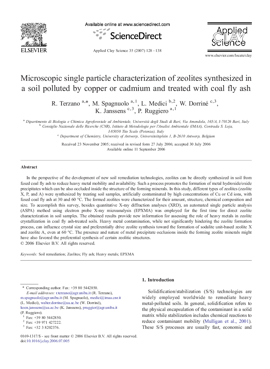 Microscopic single particle characterization of zeolites synthesized in a soil polluted by copper or cadmium and treated with coal fly ash