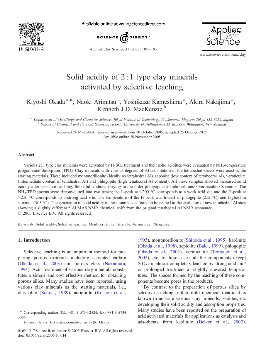 Solid acidity of 2 : 1 type clay minerals activated by selective leaching