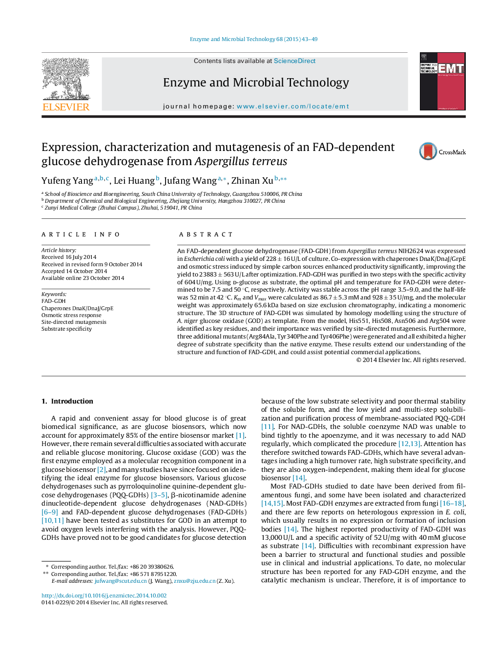 Expression, characterization and mutagenesis of an FAD-dependent glucose dehydrogenase from Aspergillus terreus