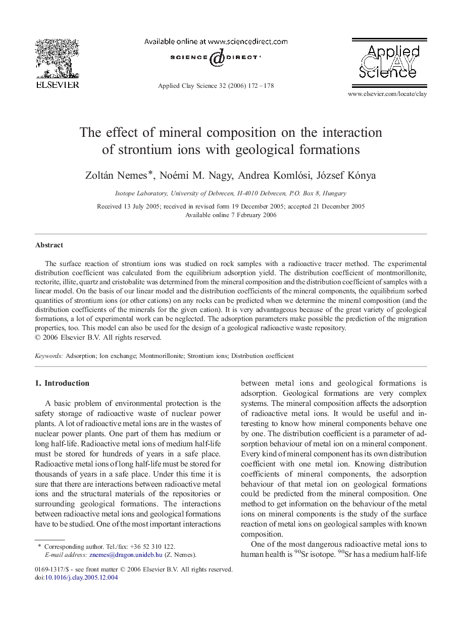 The effect of mineral composition on the interaction of strontium ions with geological formations