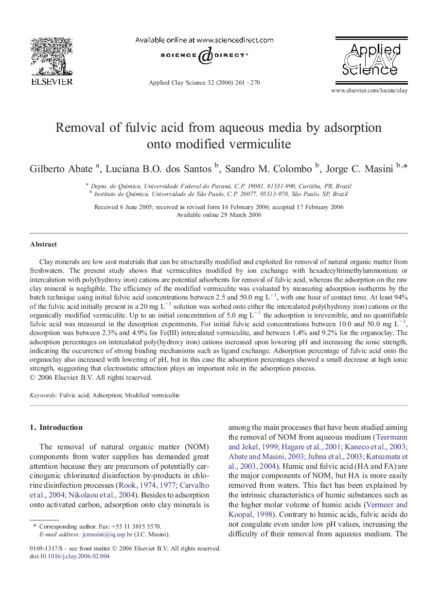 Removal of fulvic acid from aqueous media by adsorption onto modified vermiculite