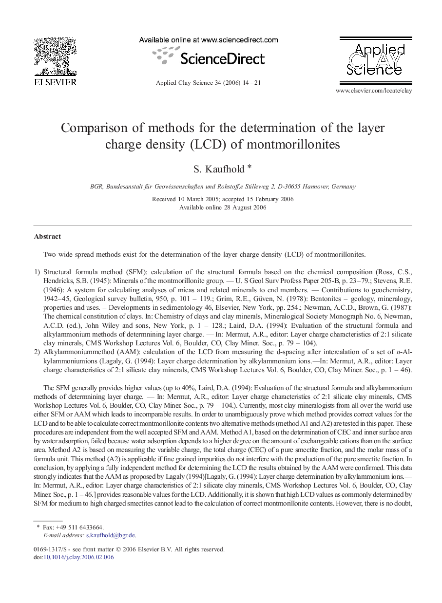 Comparison of methods for the determination of the layer charge density (LCD) of montmorillonites