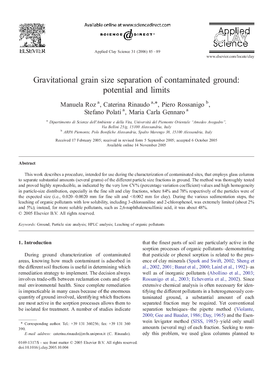 Gravitational grain size separation of contaminated ground: potential and limits