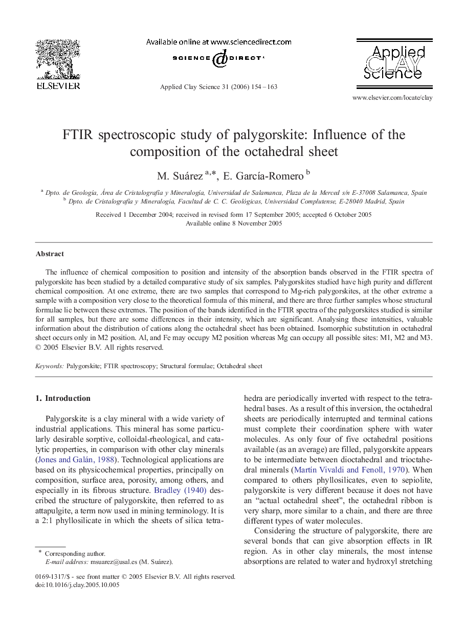 FTIR spectroscopic study of palygorskite: Influence of the composition of the octahedral sheet