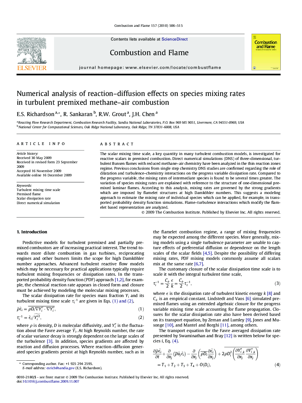 Numerical analysis of reaction–diffusion effects on species mixing rates in turbulent premixed methane–air combustion