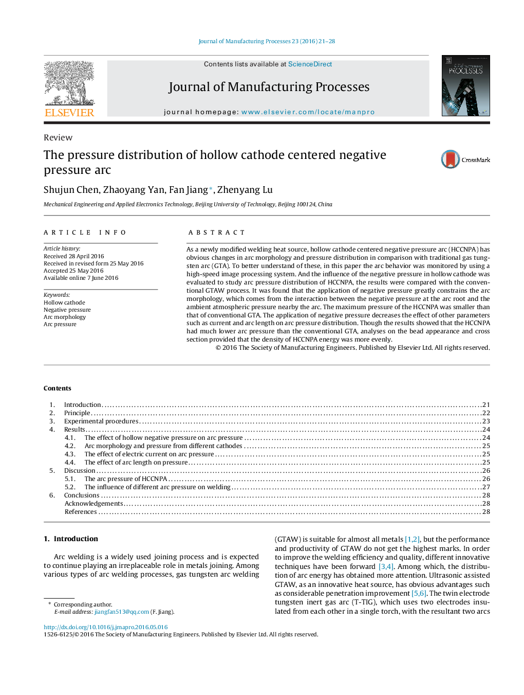 The pressure distribution of hollow cathode centered negative pressure arc