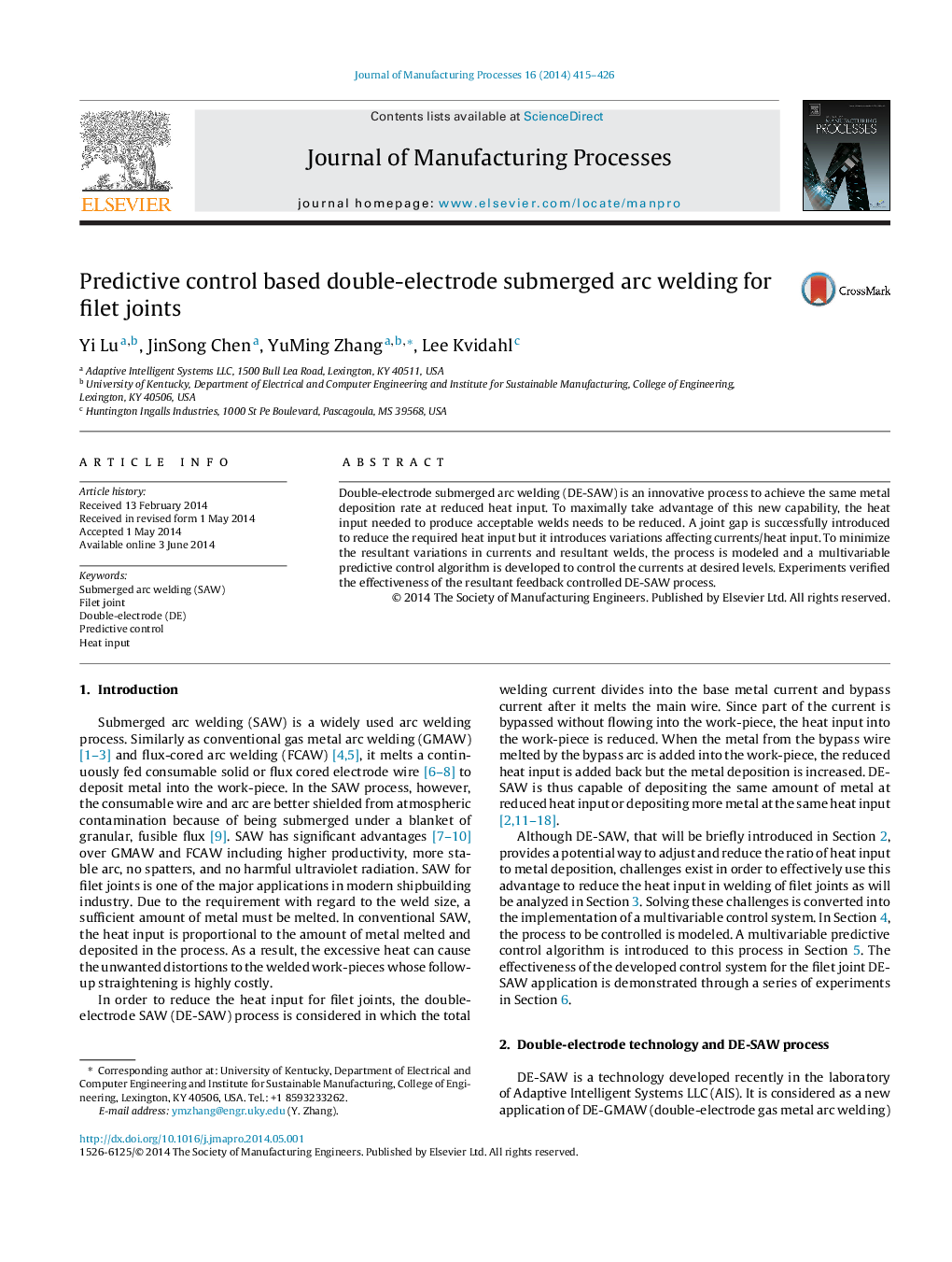 Predictive control based double-electrode submerged arc welding for filet joints