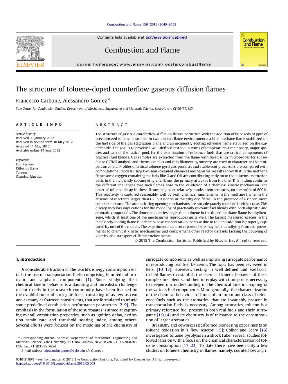 The structure of toluene-doped counterflow gaseous diffusion flames