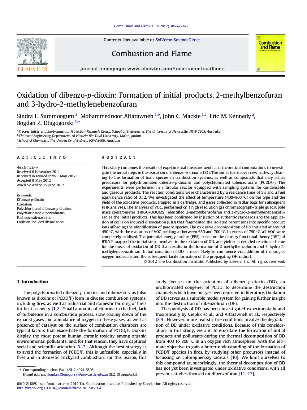 عکس صفحه اول مقاله: Oxidation of dibenzo-p-dioxin: Formation of initial products, 2-methylbenzofuran and 3-hydro-2-methylenebenzofuran Oxidation of dibenzo-p-dioxin: Formation of initial products, 2-methylbenzofuran and 3-hydro-2-methylenebenzofuran
