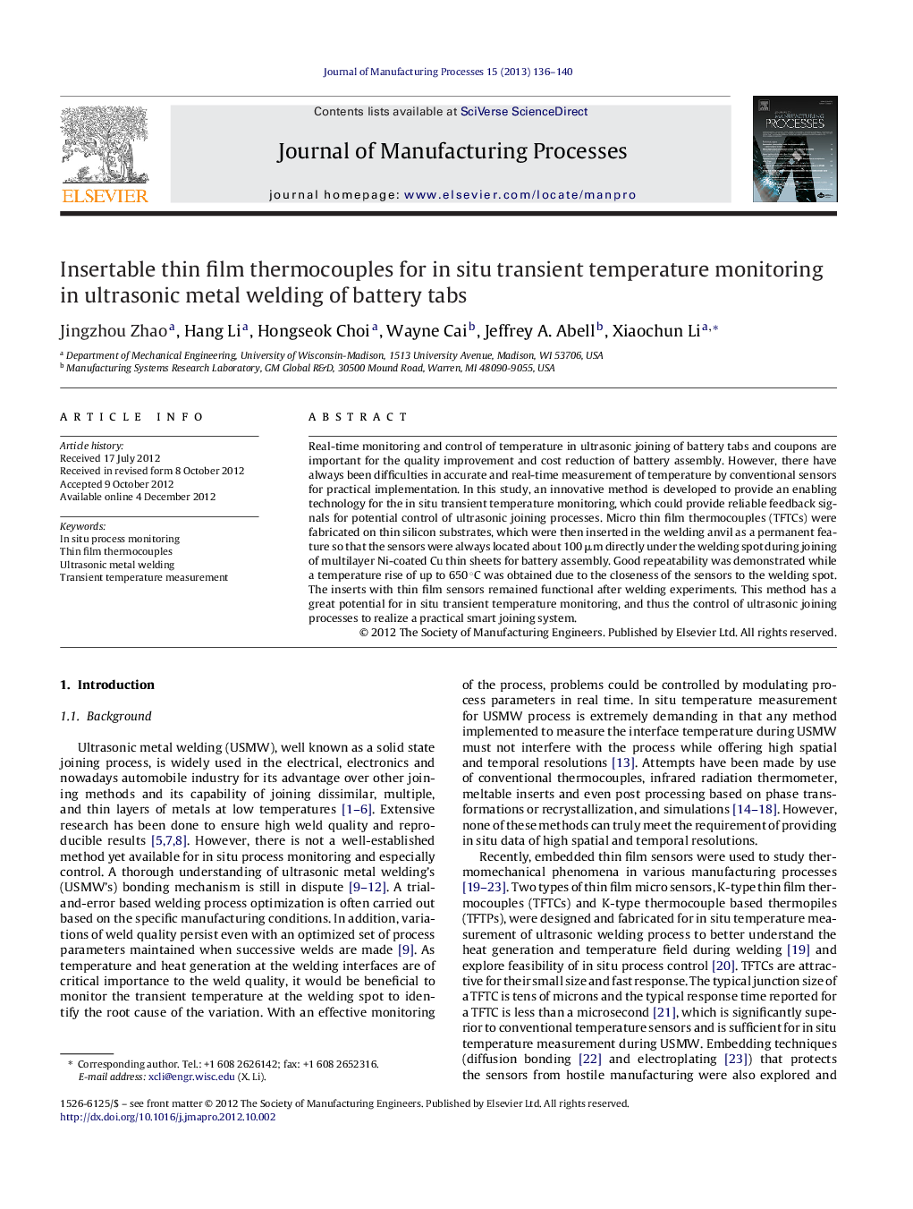 Insertable thin film thermocouples for in situ transient temperature monitoring in ultrasonic metal welding of battery tabs