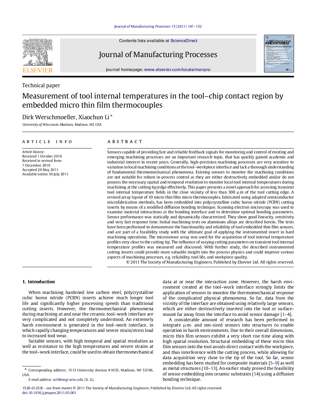 Measurement of tool internal temperatures in the tool–chip contact region by embedded micro thin film thermocouples