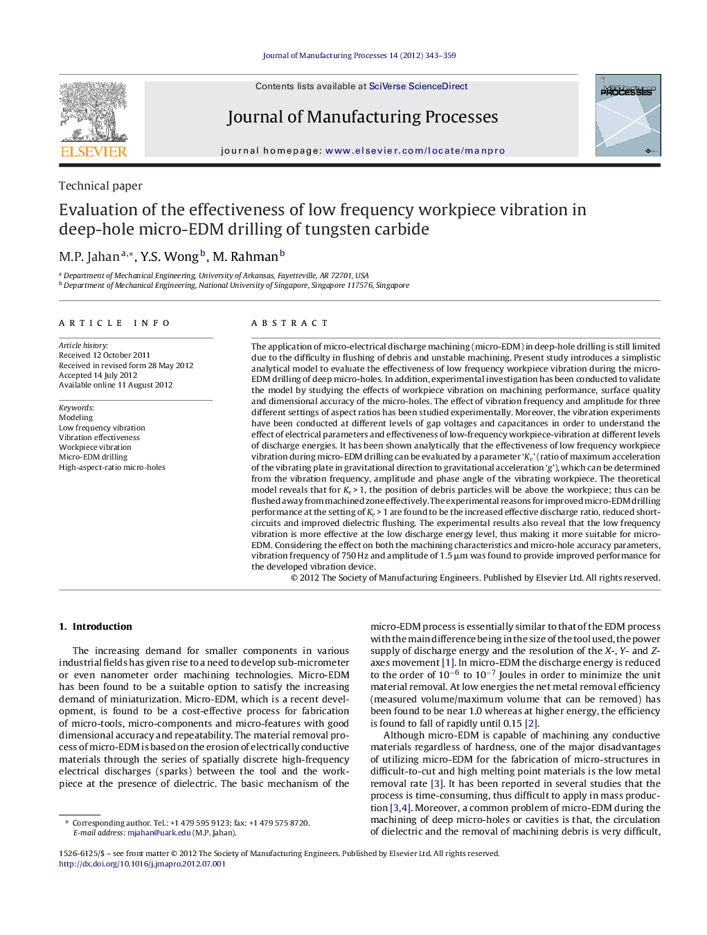 Evaluation of the effectiveness of low frequency workpiece vibration in deep-hole micro-EDM drilling of tungsten carbide