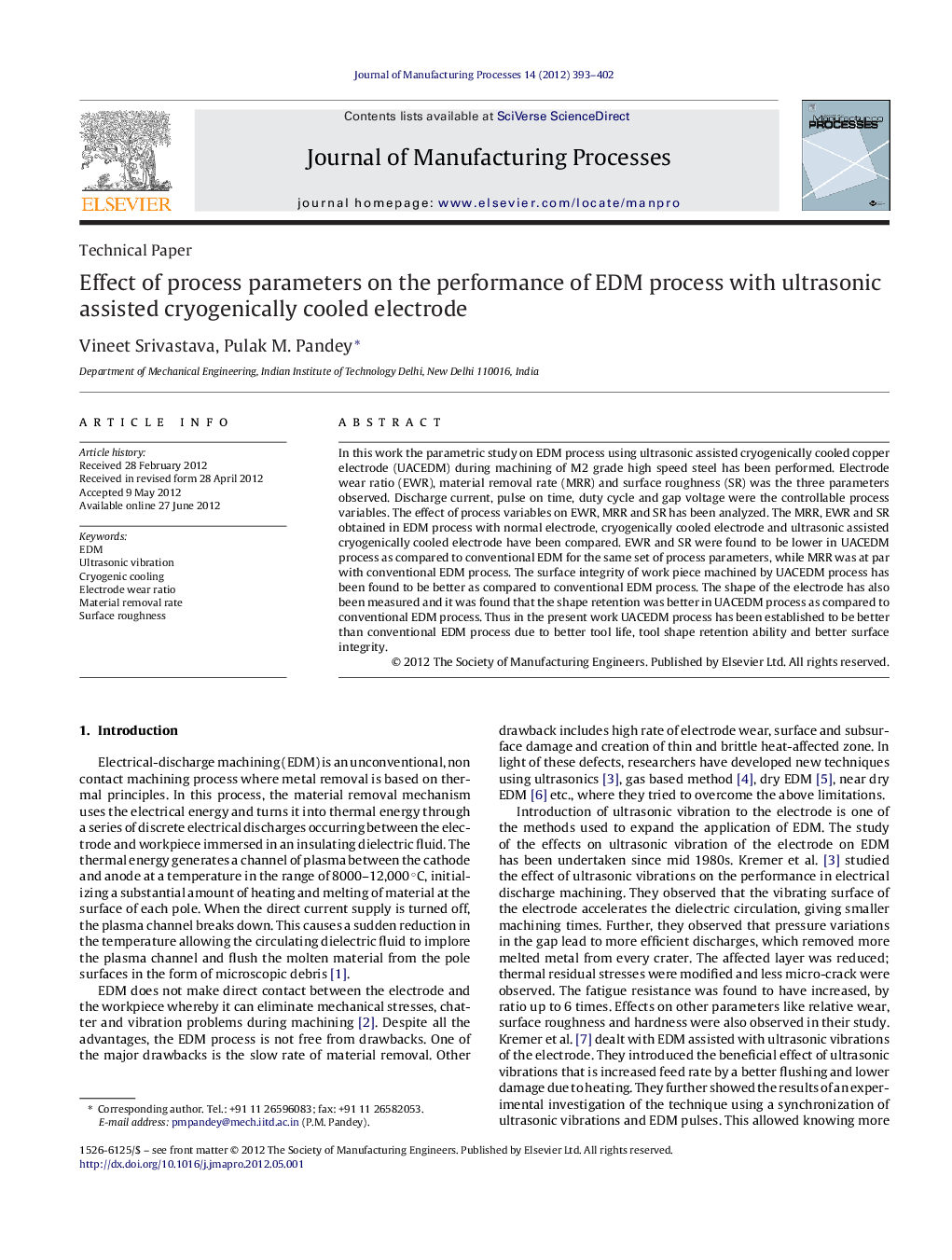 Effect of process parameters on the performance of EDM process with ultrasonic assisted cryogenically cooled electrode