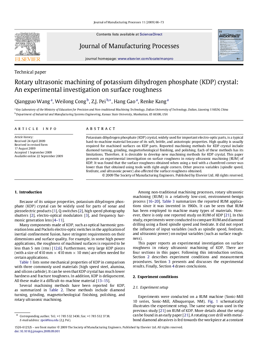 Rotary ultrasonic machining of potassium dihydrogen phosphate (KDP) crystal: An experimental investigation on surface roughness