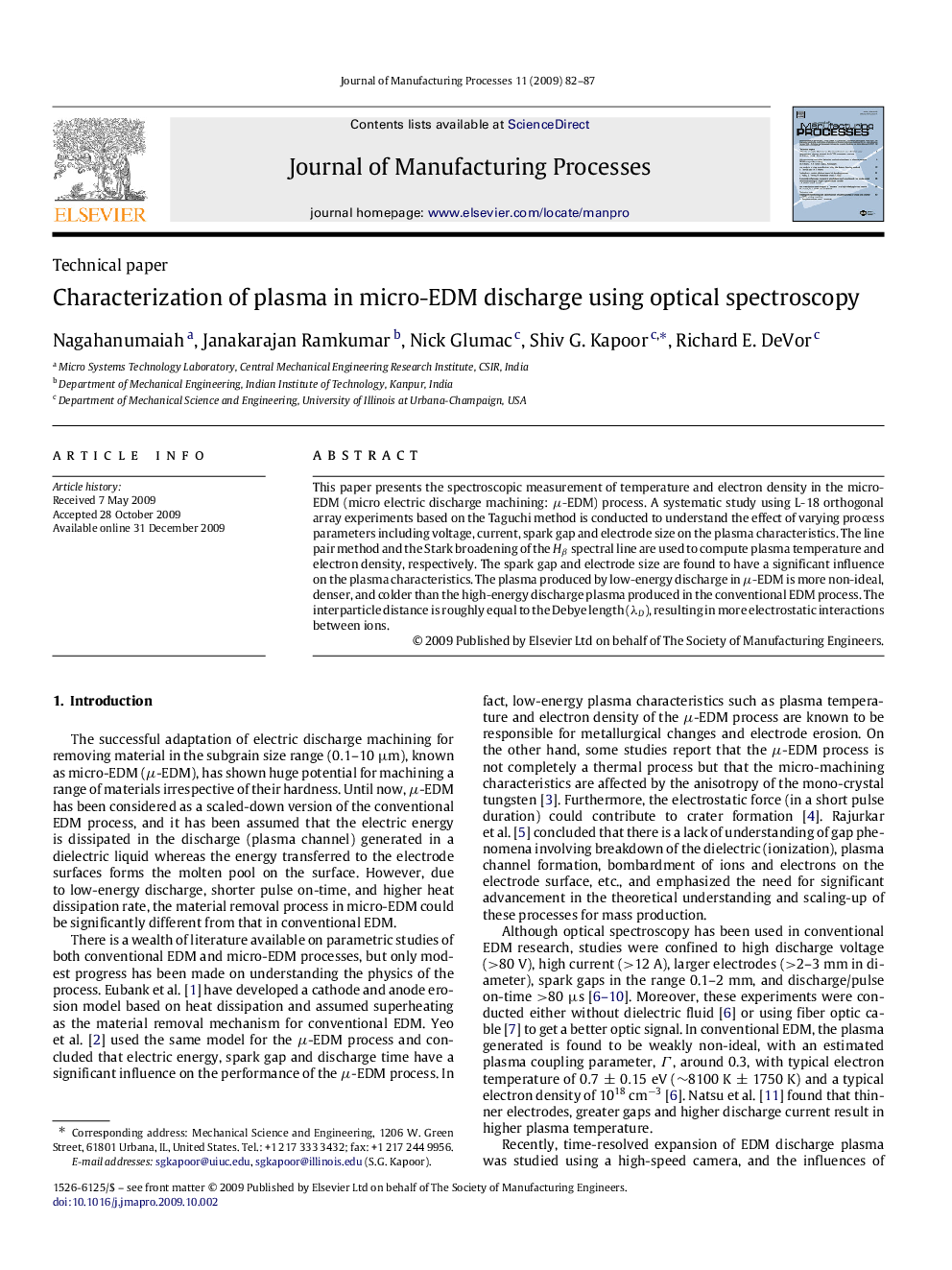 Characterization of plasma in micro-EDM discharge using optical spectroscopy