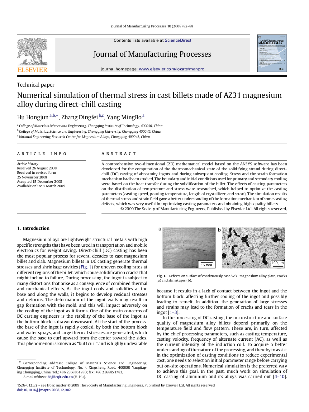 Numerical simulation of thermal stress in cast billets made of AZ31 magnesium alloy during direct-chill casting