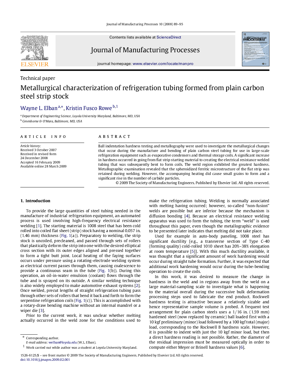 Metallurgical characterization of refrigeration tubing formed from plain carbon steel strip stock