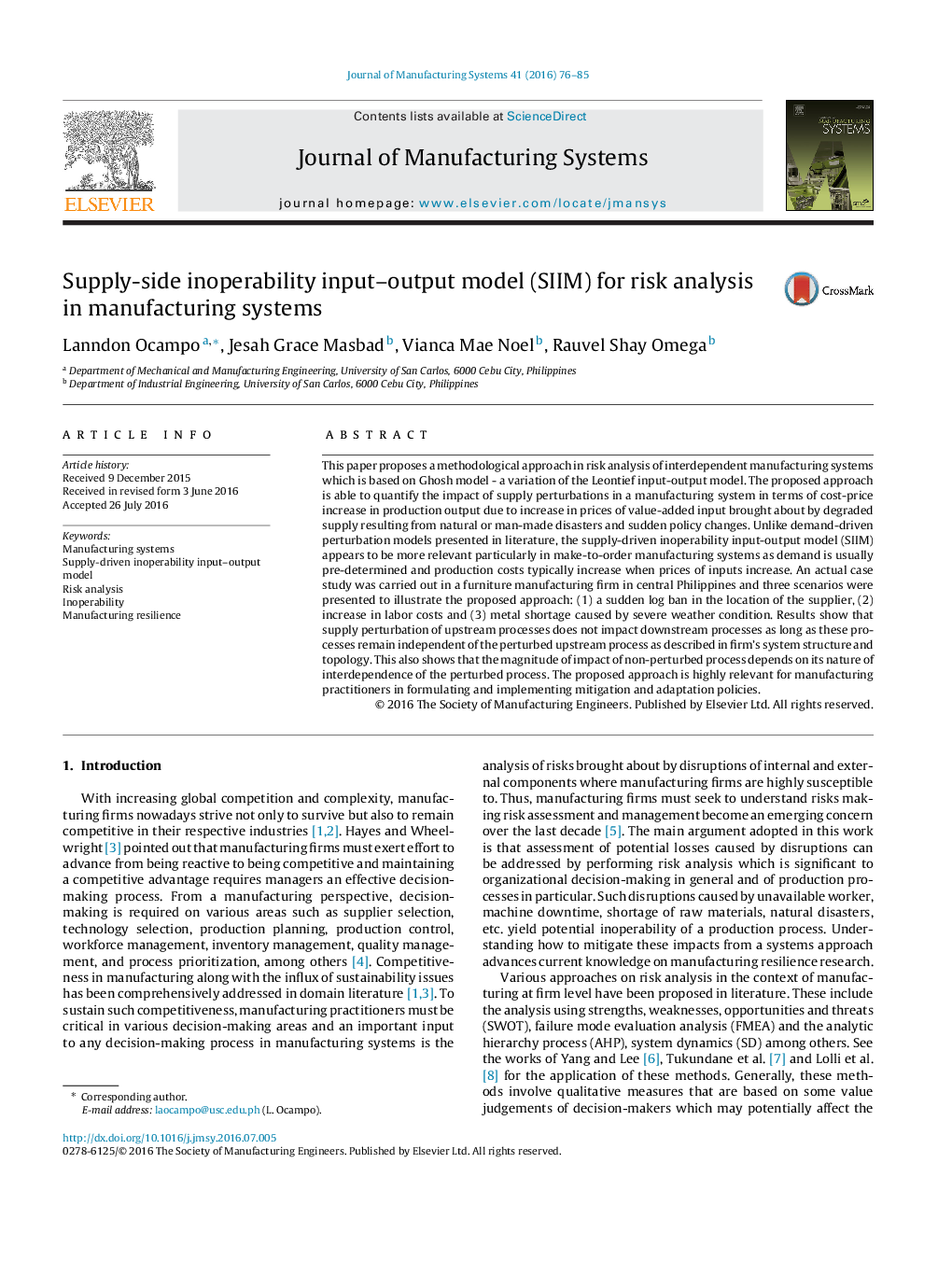 Supply-side inoperability input–output model (SIIM) for risk analysis in manufacturing systems