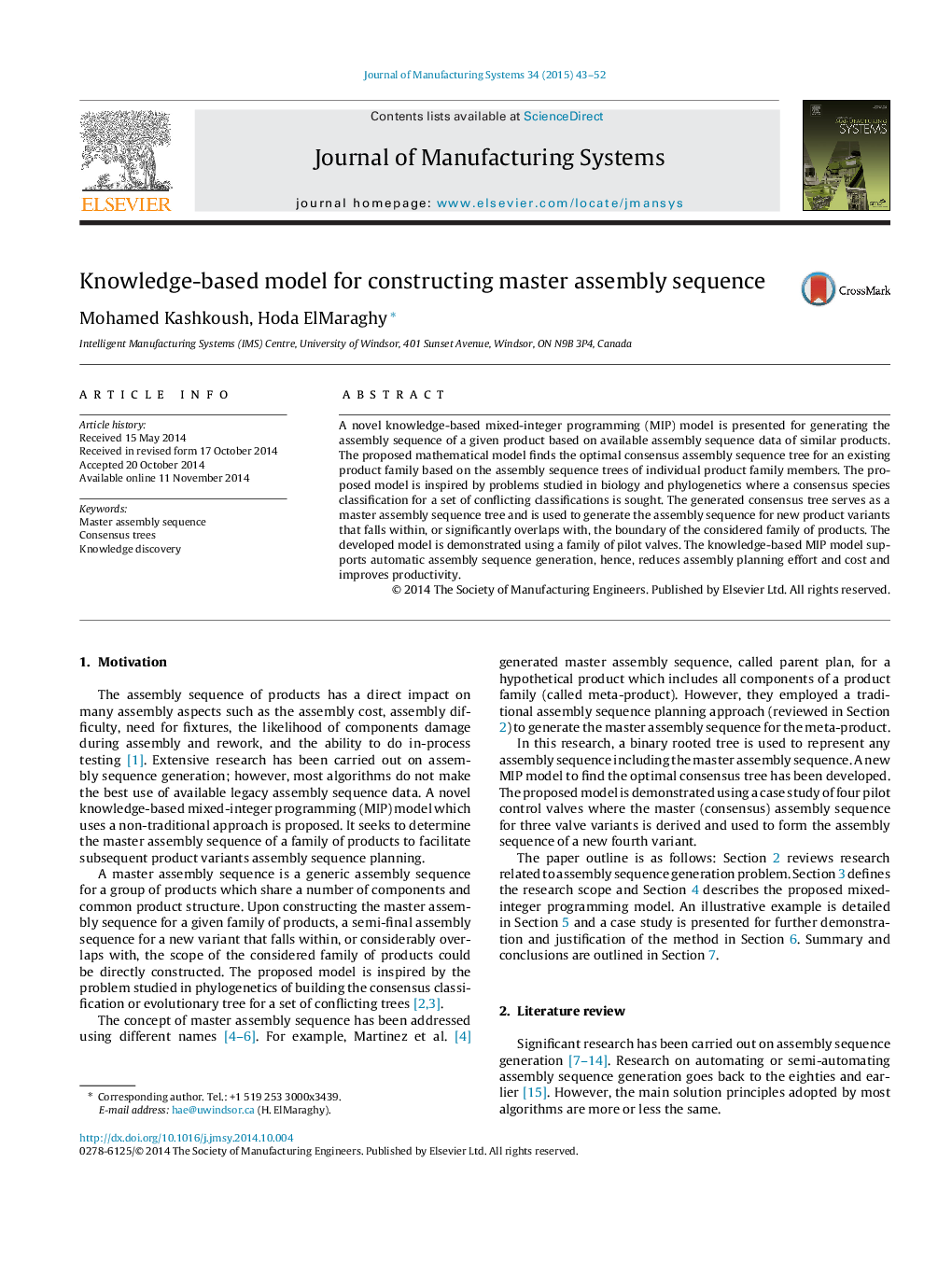 Knowledge-based model for constructing master assembly sequence