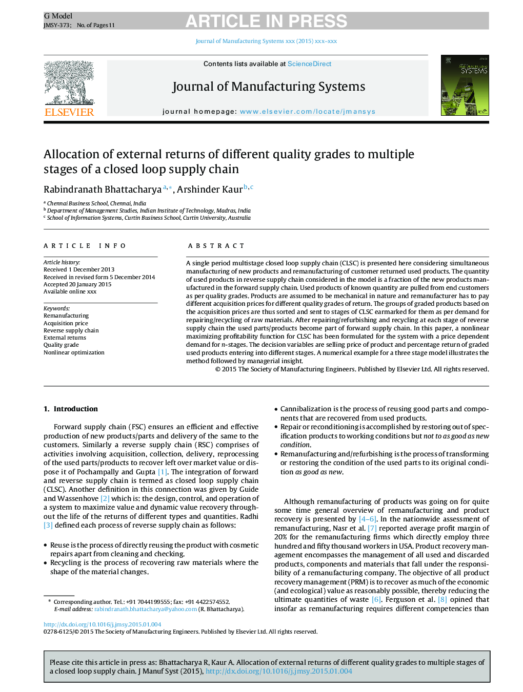 Allocation of external returns of different quality grades to multiple stages of a closed loop supply chain