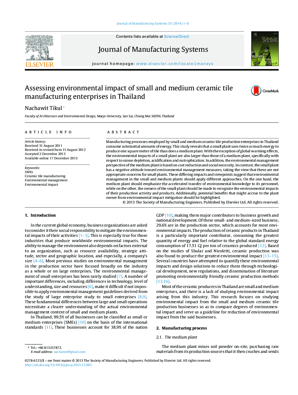 Assessing environmental impact of small and medium ceramic tile manufacturing enterprises in Thailand