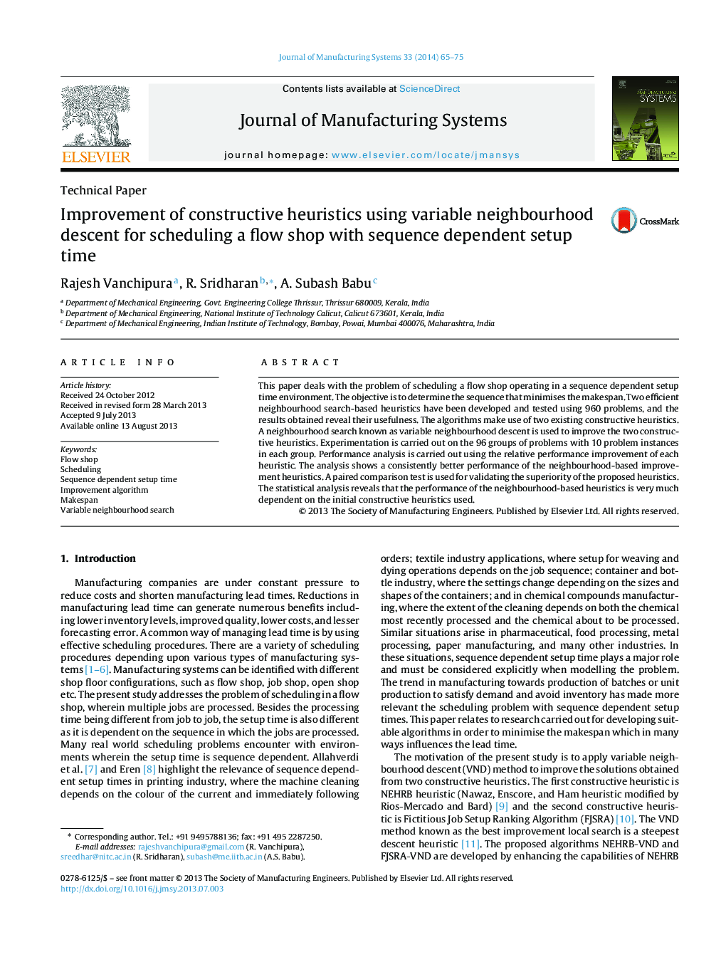 Improvement of constructive heuristics using variable neighbourhood descent for scheduling a flow shop with sequence dependent setup time