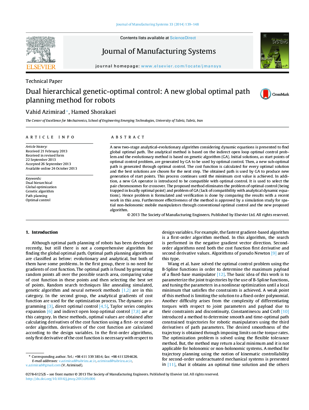 Dual hierarchical genetic-optimal control: A new global optimal path planning method for robots