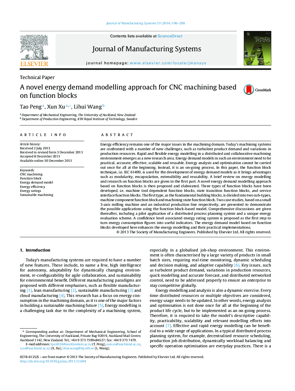 A novel energy demand modelling approach for CNC machining based on function blocks