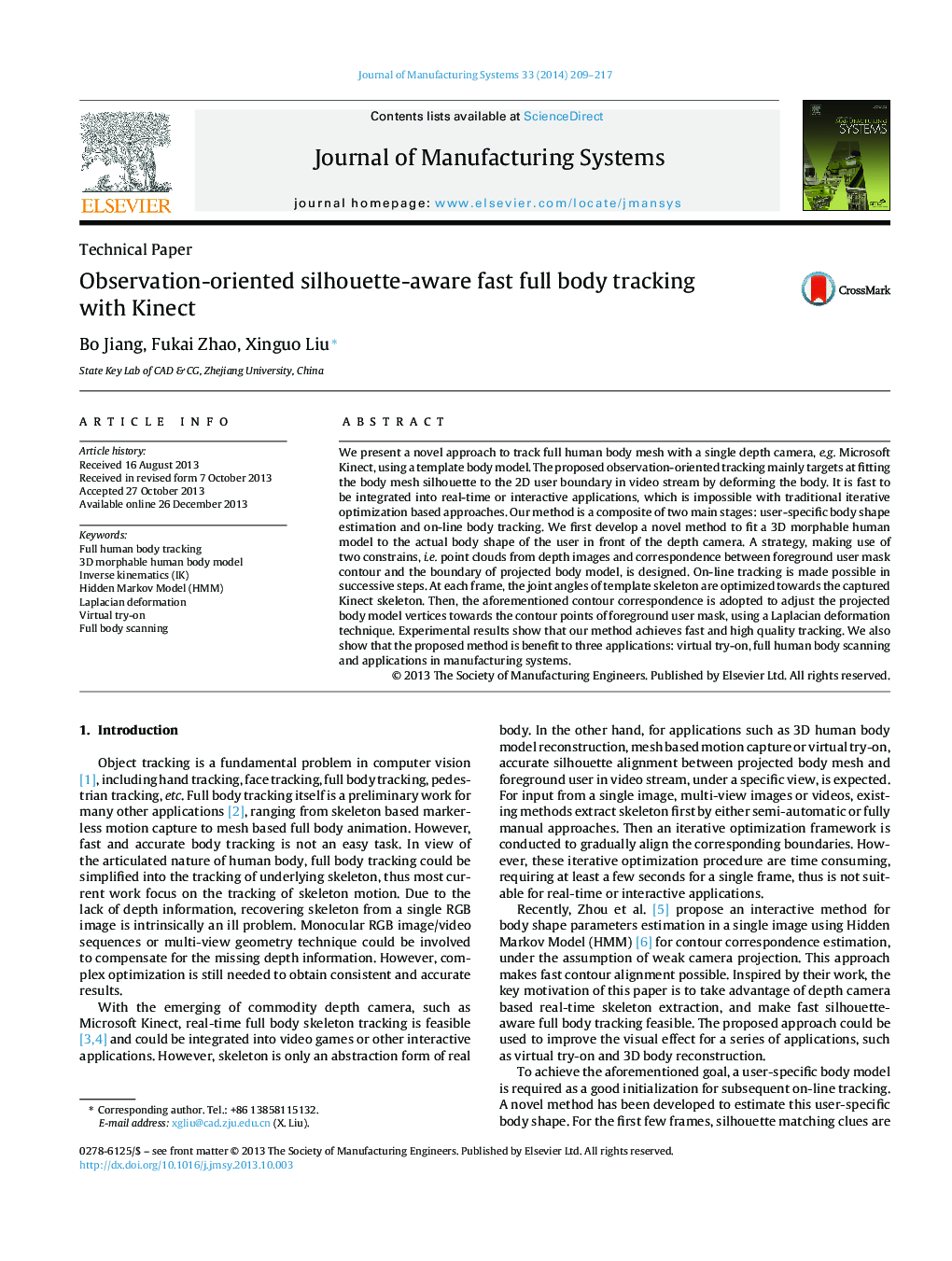 Observation-oriented silhouette-aware fast full body tracking with Kinect