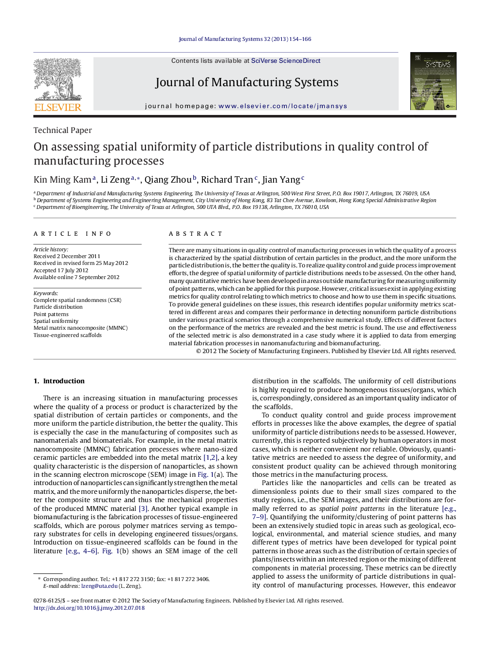 On assessing spatial uniformity of particle distributions in quality control of manufacturing processes