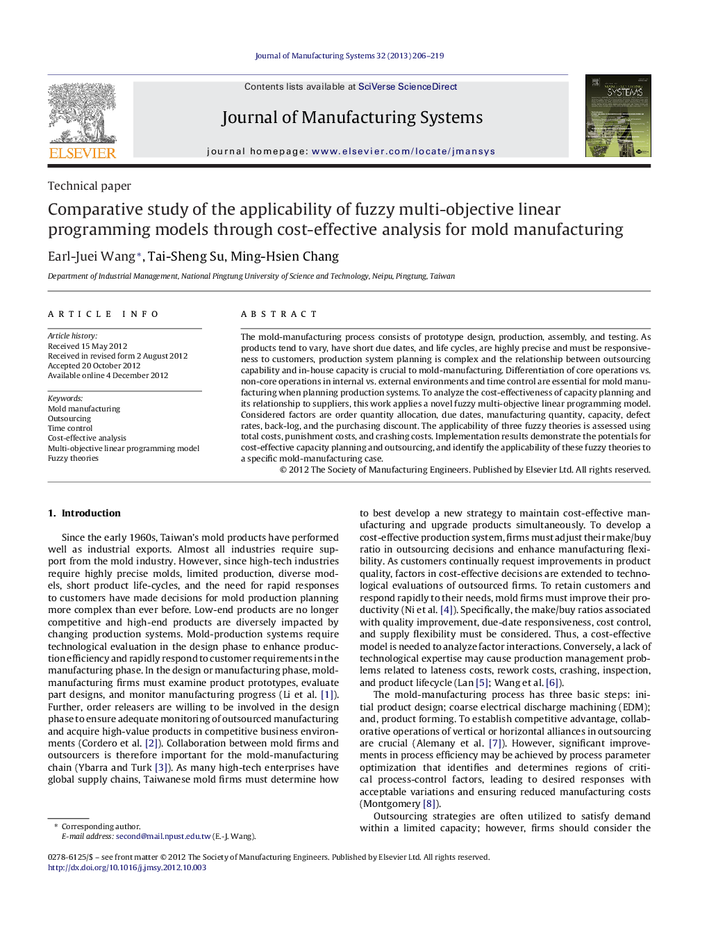 Comparative study of the applicability of fuzzy multi-objective linear programming models through cost-effective analysis for mold manufacturing