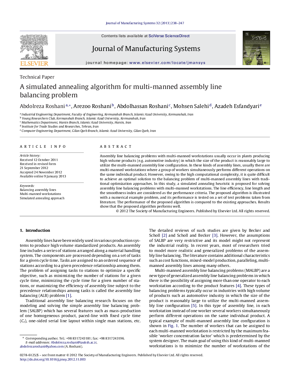 A simulated annealing algorithm for multi-manned assembly line balancing problem