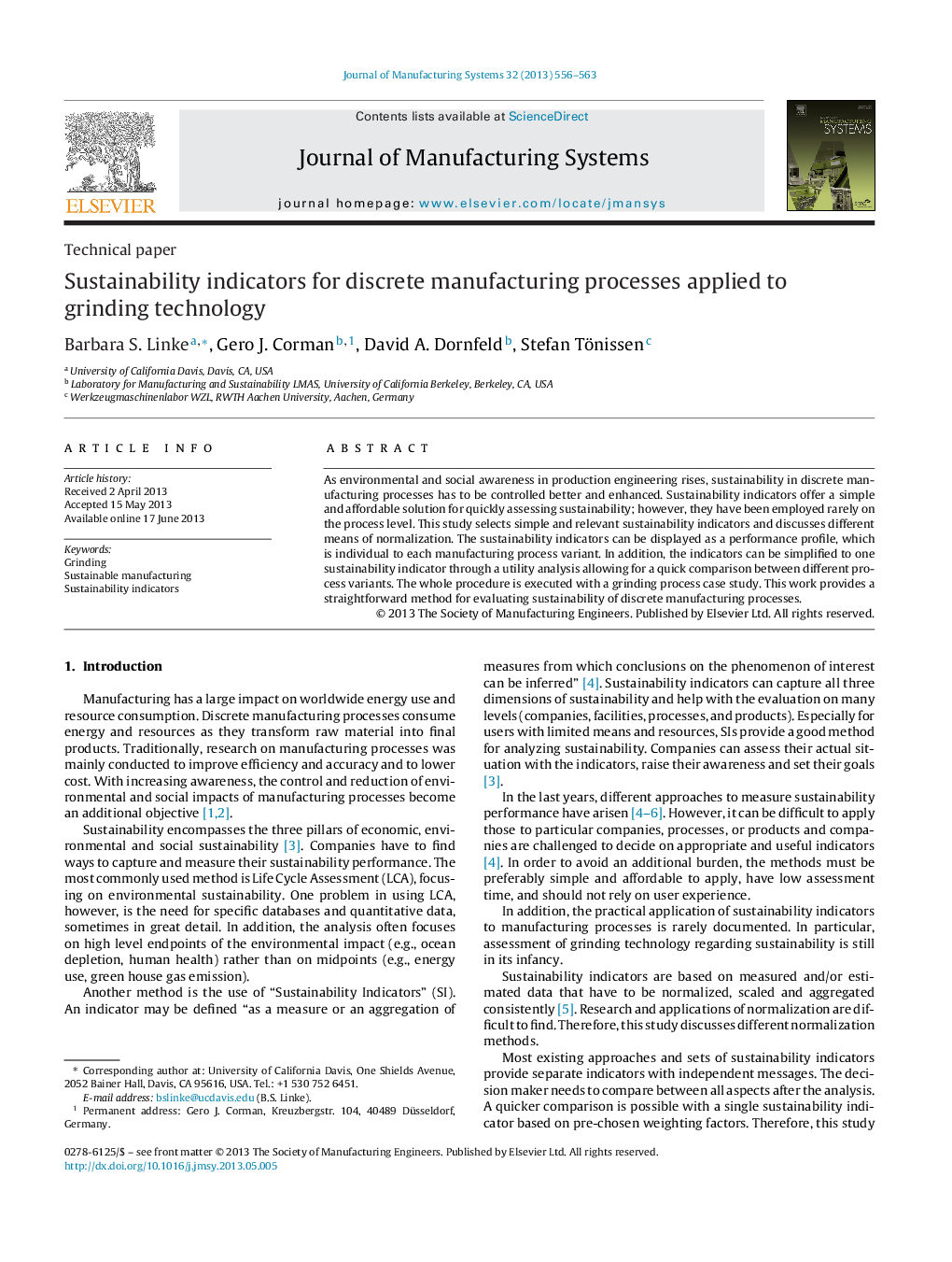 Sustainability indicators for discrete manufacturing processes applied to grinding technology