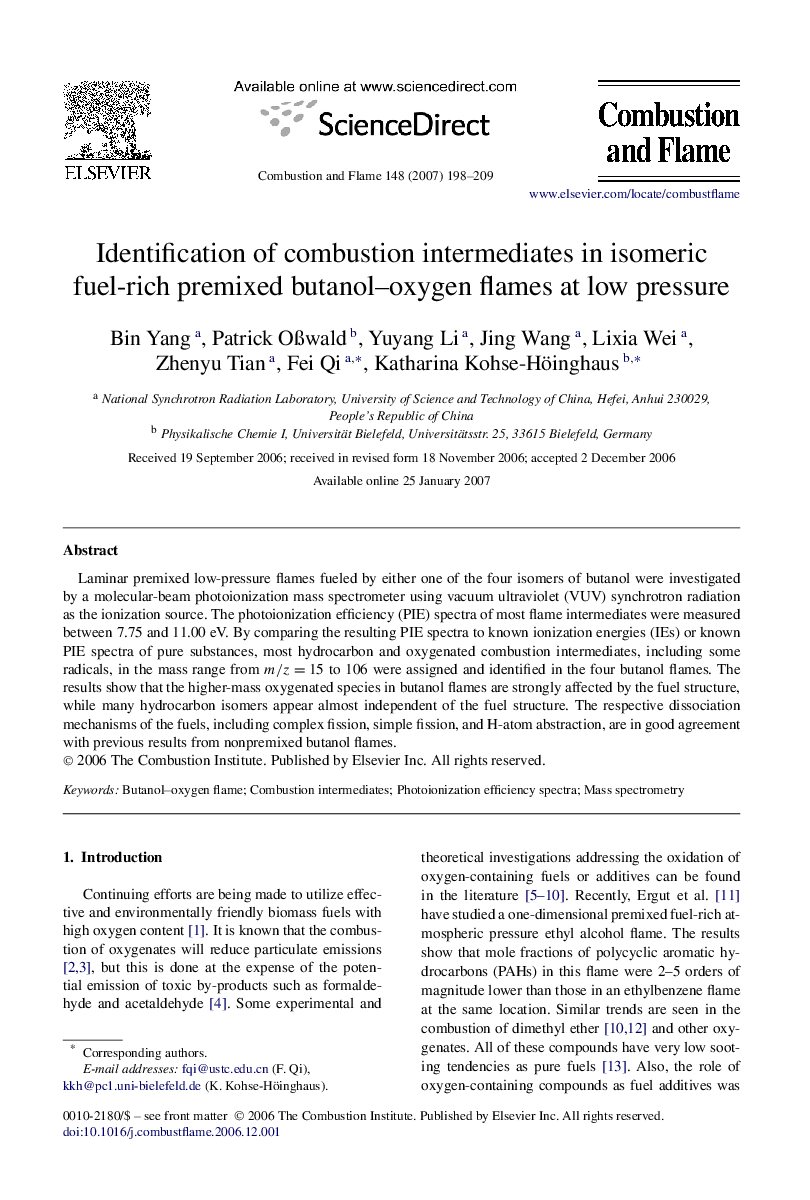 Identification of combustion intermediates in isomeric fuel-rich premixed butanol–oxygen flames at low pressure