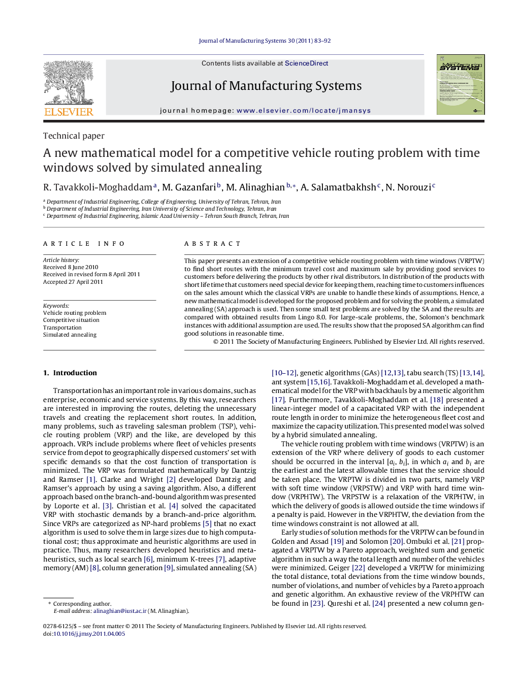 A new mathematical model for a competitive vehicle routing problem with time windows solved by simulated annealing